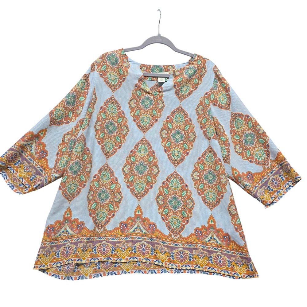 Cynthia Rowley Womens 2X‎ Paisley Medallion Tunic Blouse Orange Blue 3/4 Sleeve
